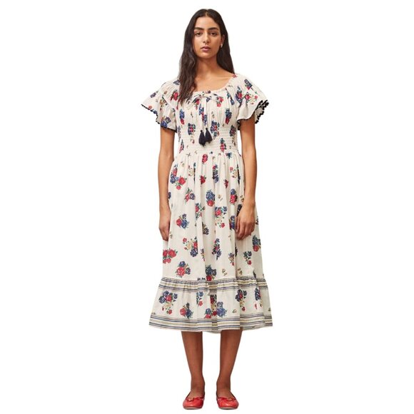 Tory Burch Ivory Tea Rose Floral Smocked Off Shoulder Midi Dress - Size S - Picture 3 of 10